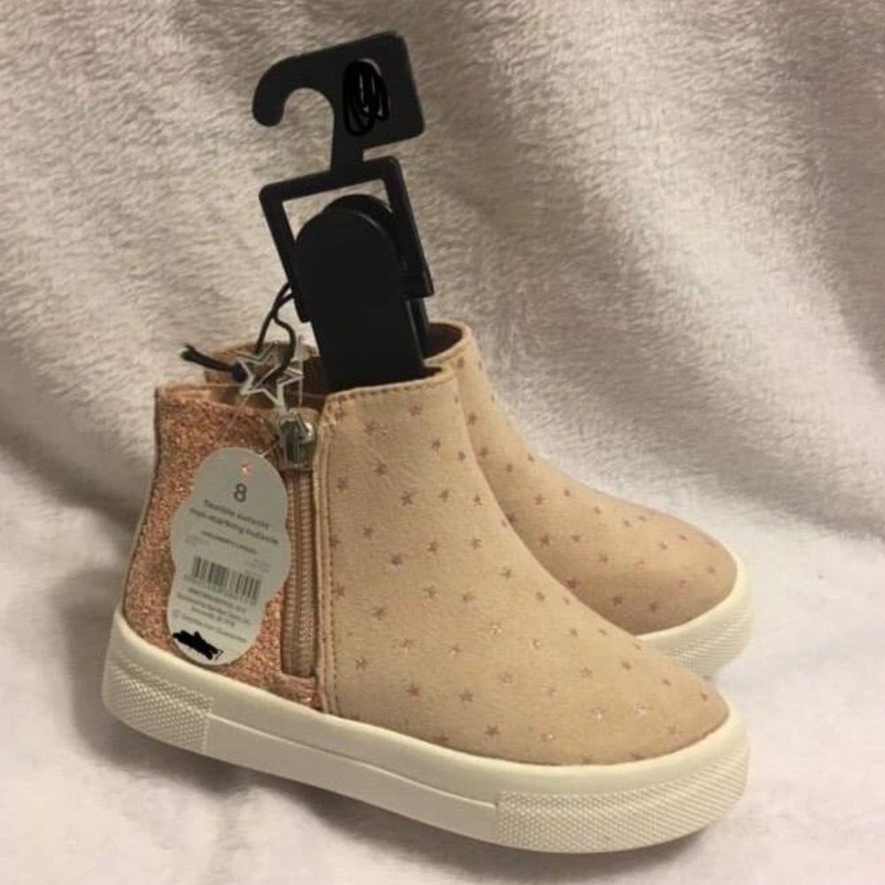 Wonder Nation Star Print Ankle Boots Kids Size 11 Tan Rose Gold NEW Glitter